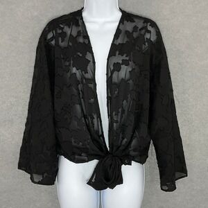 Japna Tie Front Sheer Burnout Floral Long Sleeve Top Black M Vacation Cover Up‎